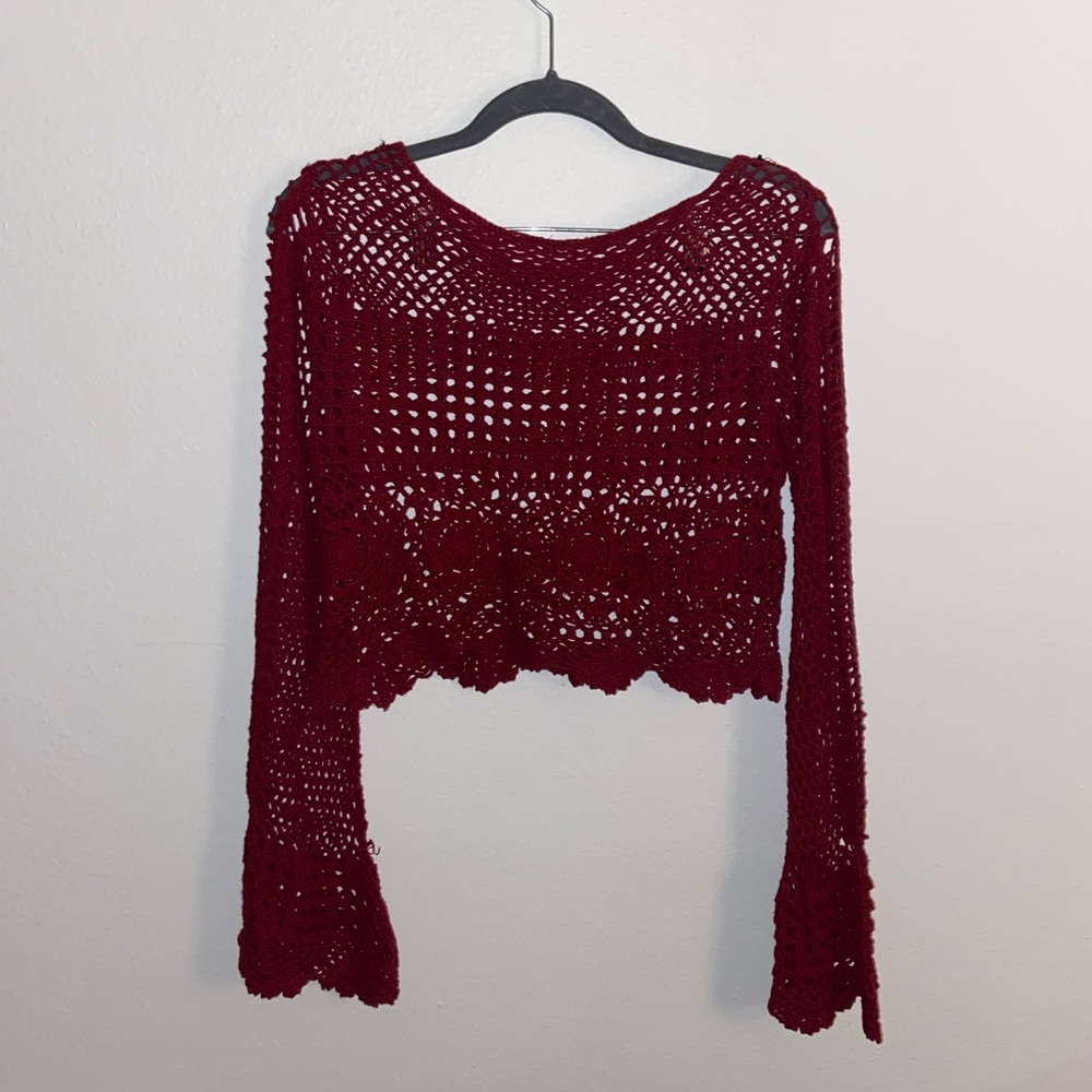 ✨LAST CHANCE before item removal✨ Burgundy Crochet Bell Sleeve Top